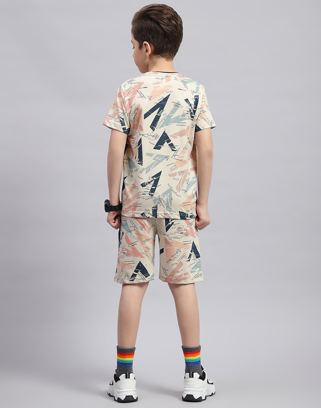 Boys Cream Printed Round Neck Half Sleeve Bermuda Set