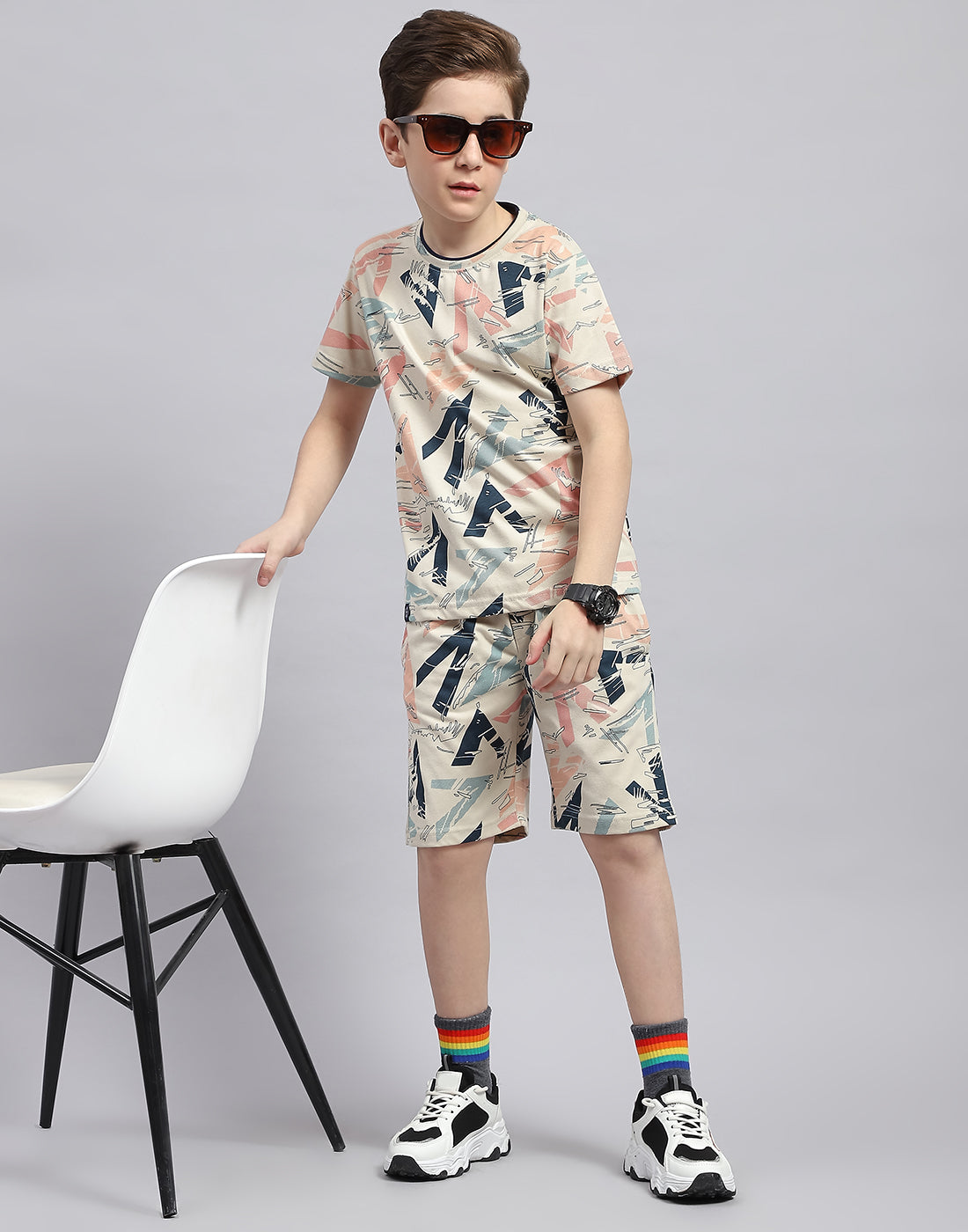 Boys Cream Printed Round Neck Half Sleeve Bermuda Set