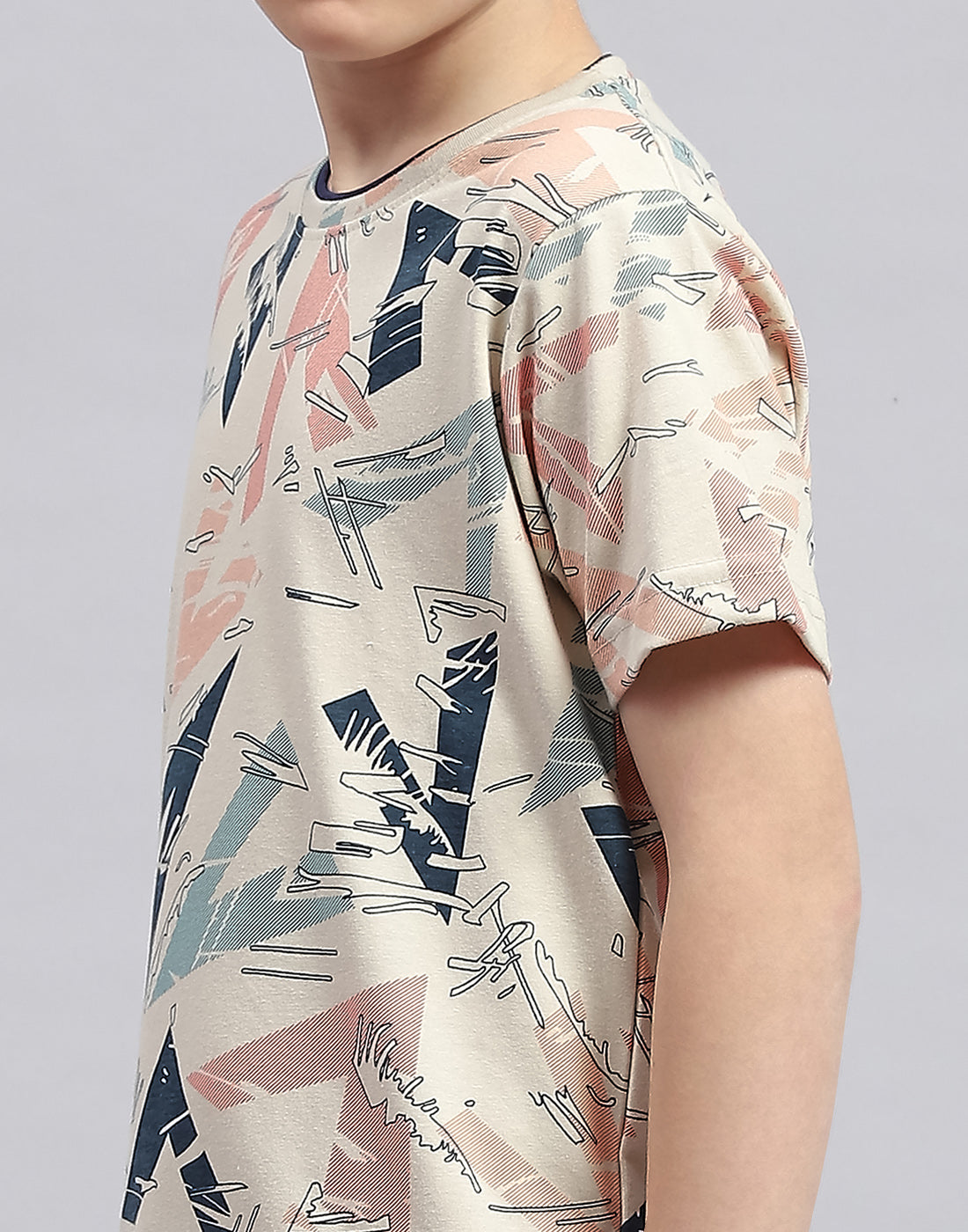 Boys Cream Printed Round Neck Half Sleeve Bermuda Set