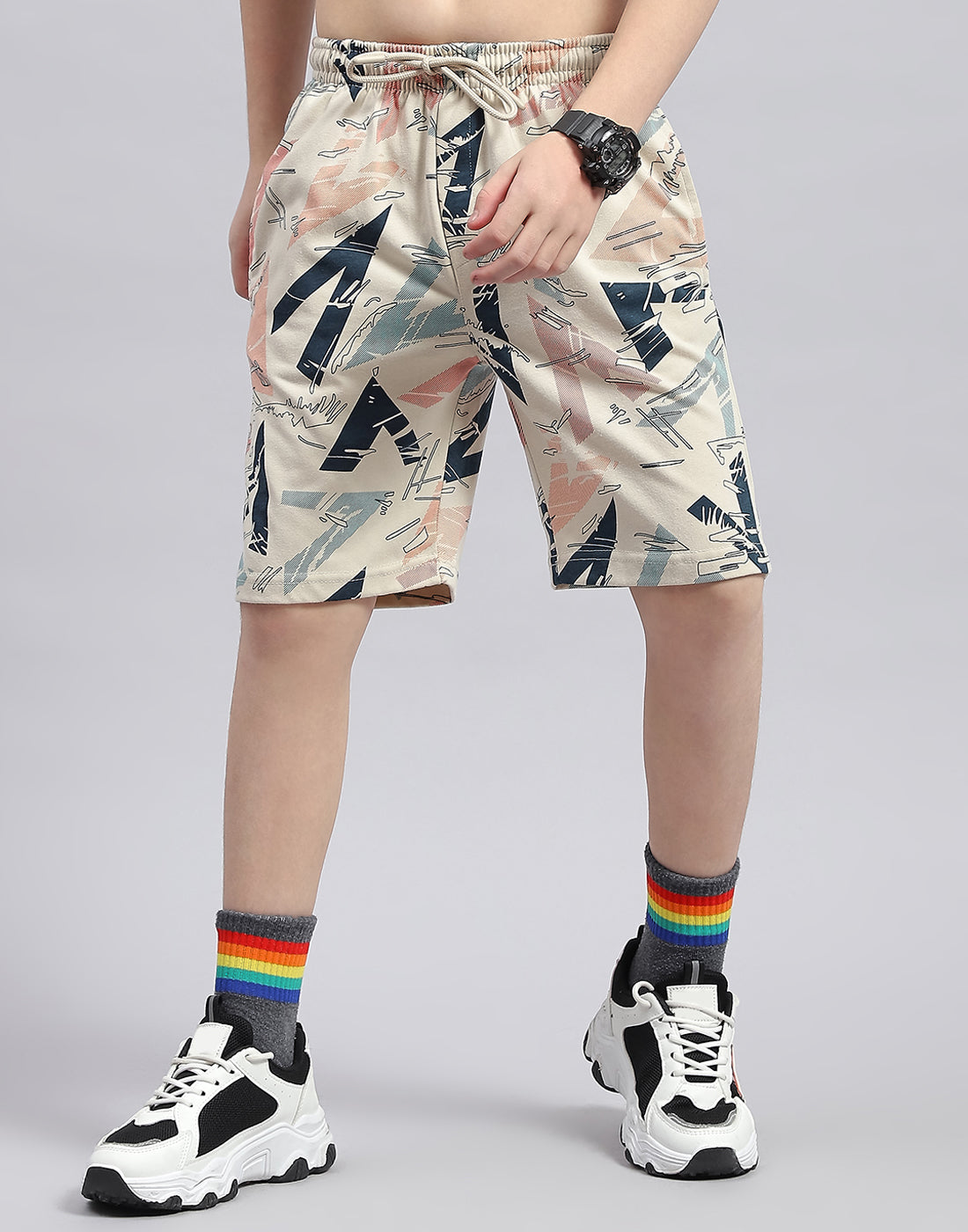 Boys Cream Printed Round Neck Half Sleeve Bermuda Set