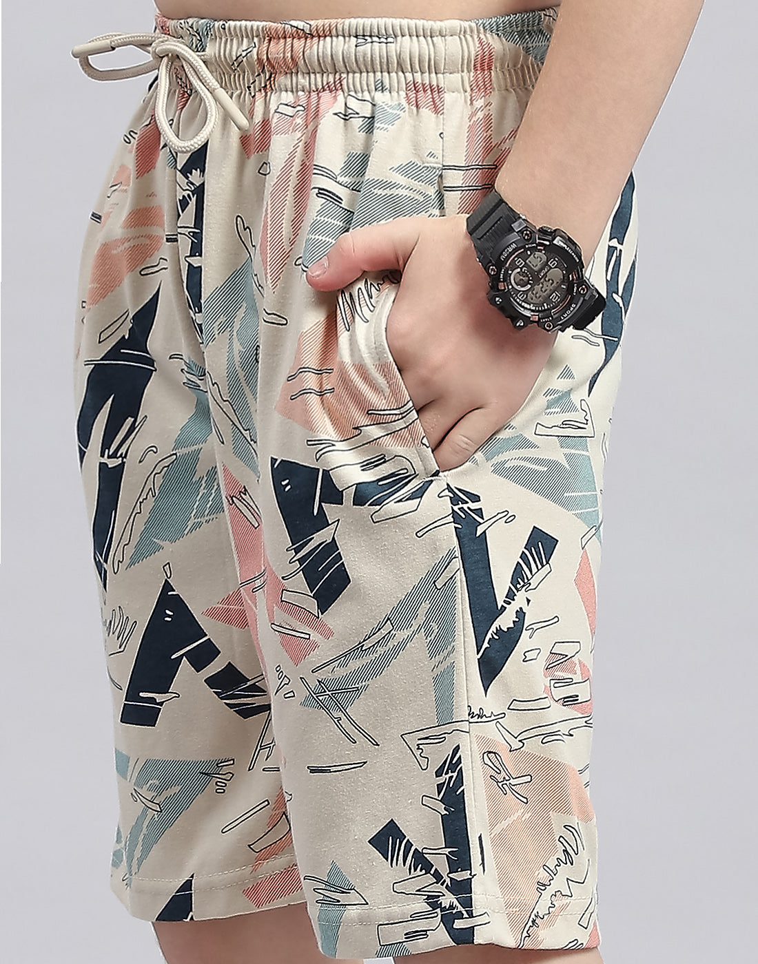 Boys Cream Printed Round Neck Half Sleeve Bermuda Set