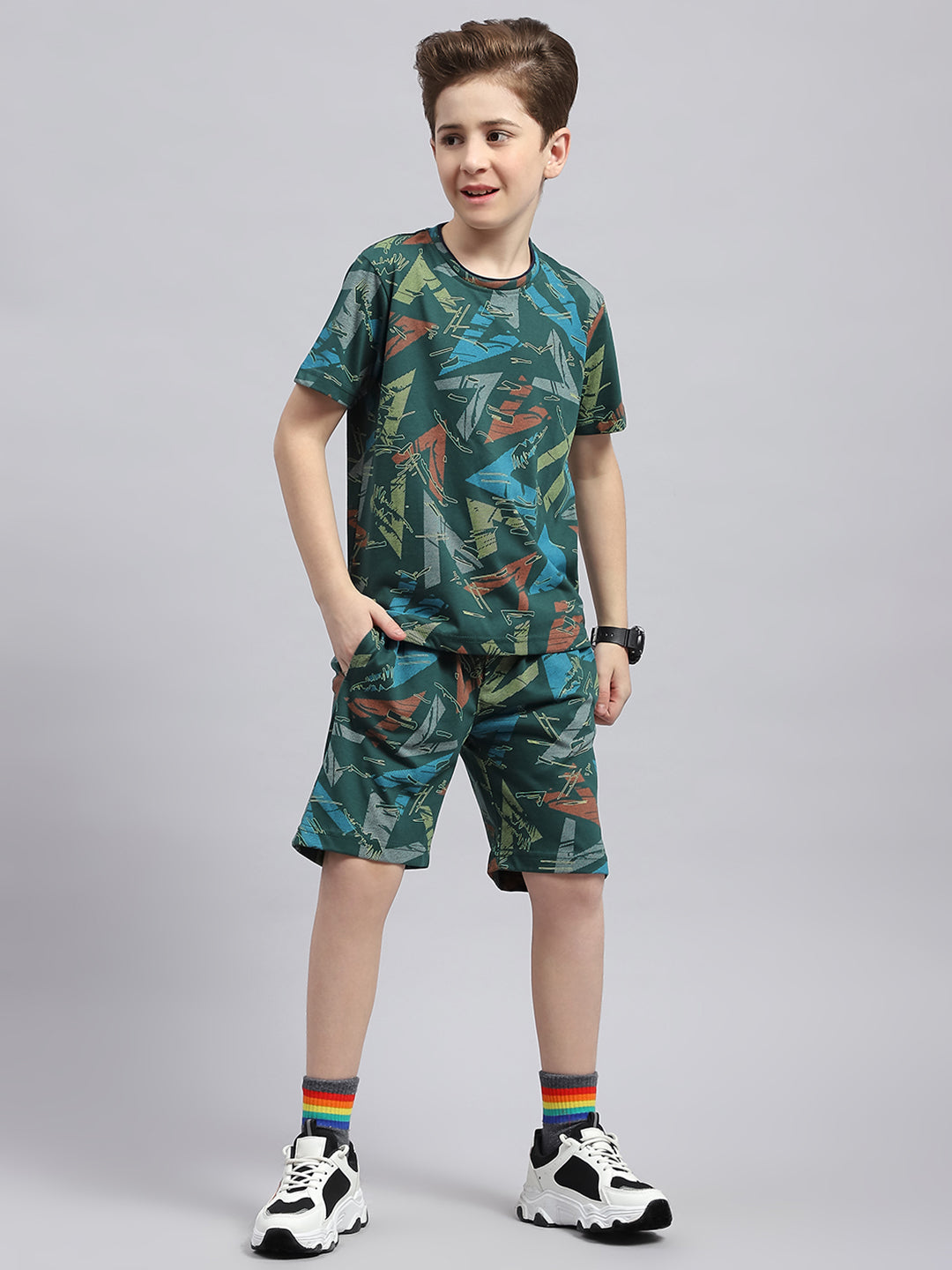 Boys Blue Printed Round Neck Half Sleeve Bermuda Set