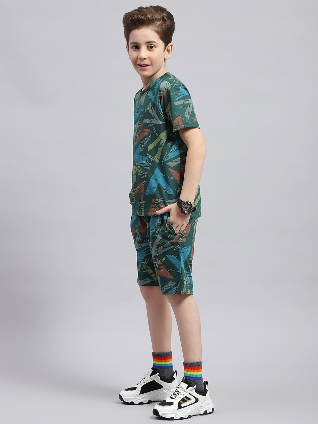Boys Blue Printed Round Neck Half Sleeve Bermuda Set