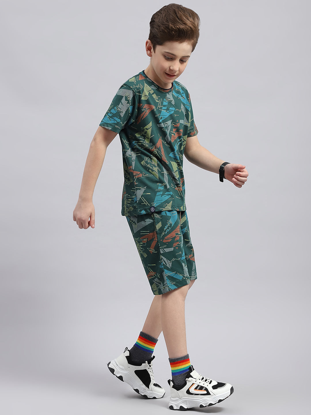 Boys Blue Printed Round Neck Half Sleeve Bermuda Set