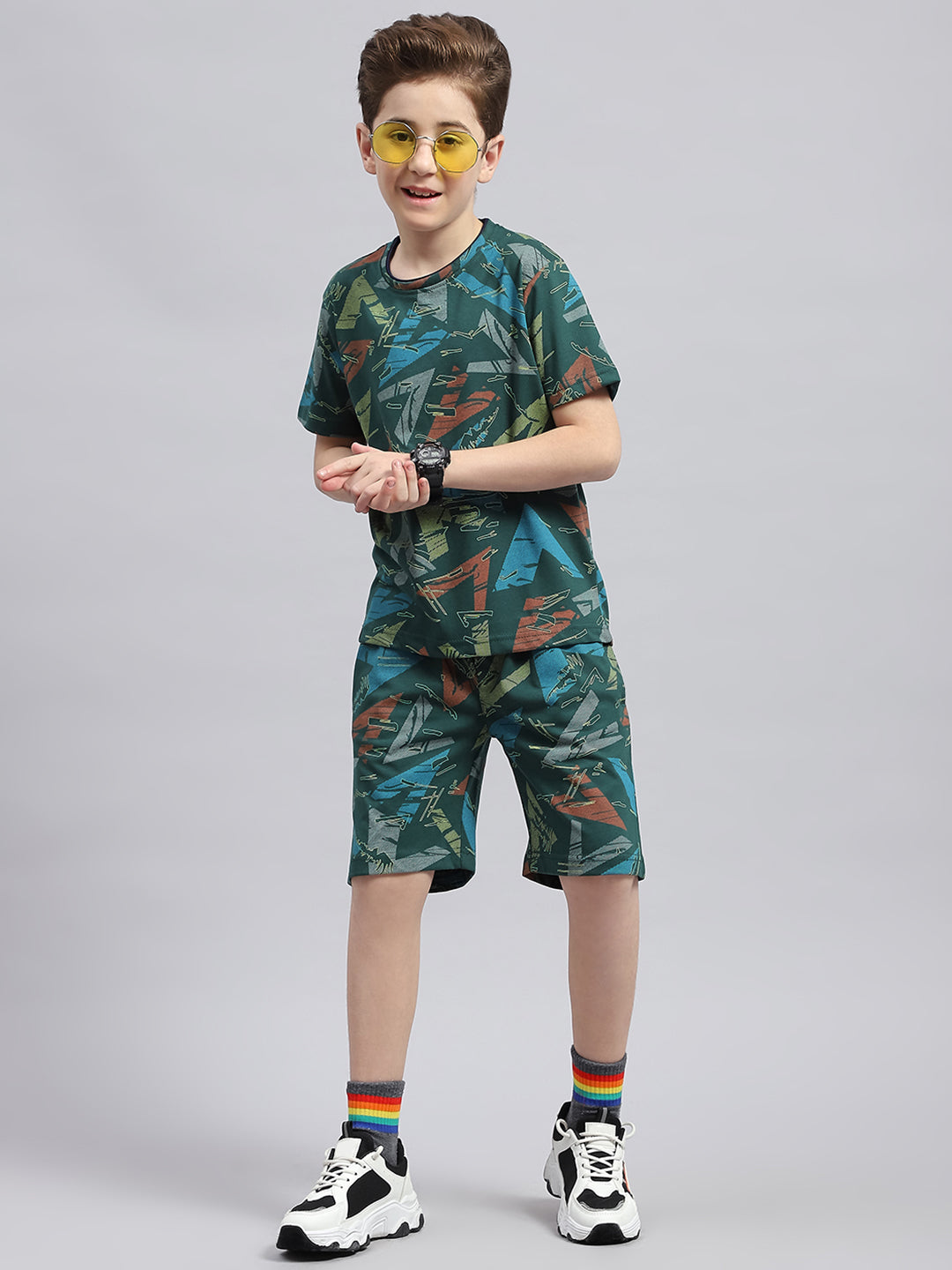 Boys Blue Printed Round Neck Half Sleeve Bermuda Set