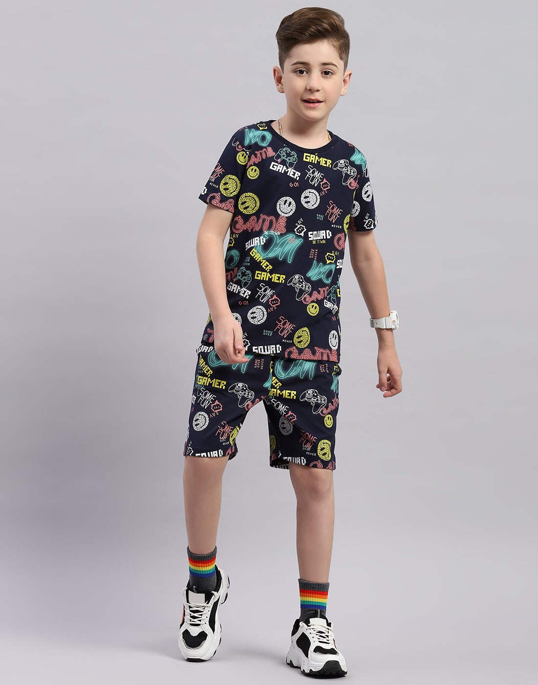 Boys Navy Blue Printed Round Neck Half Sleeve Bermuda Set
