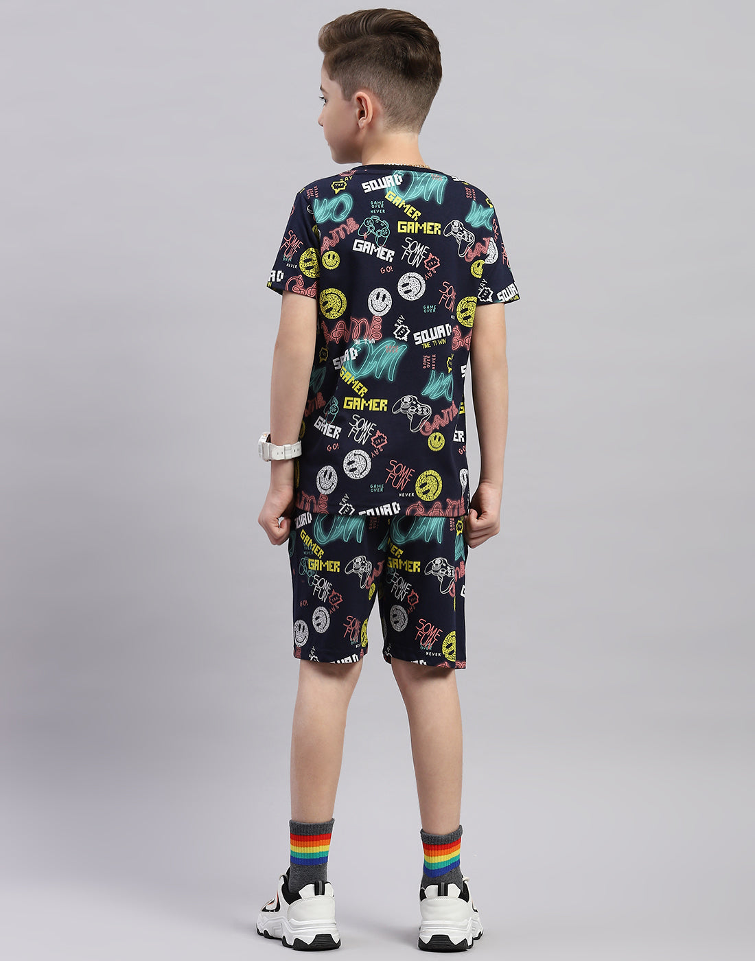 Boys Navy Blue Printed Round Neck Half Sleeve Bermuda Set