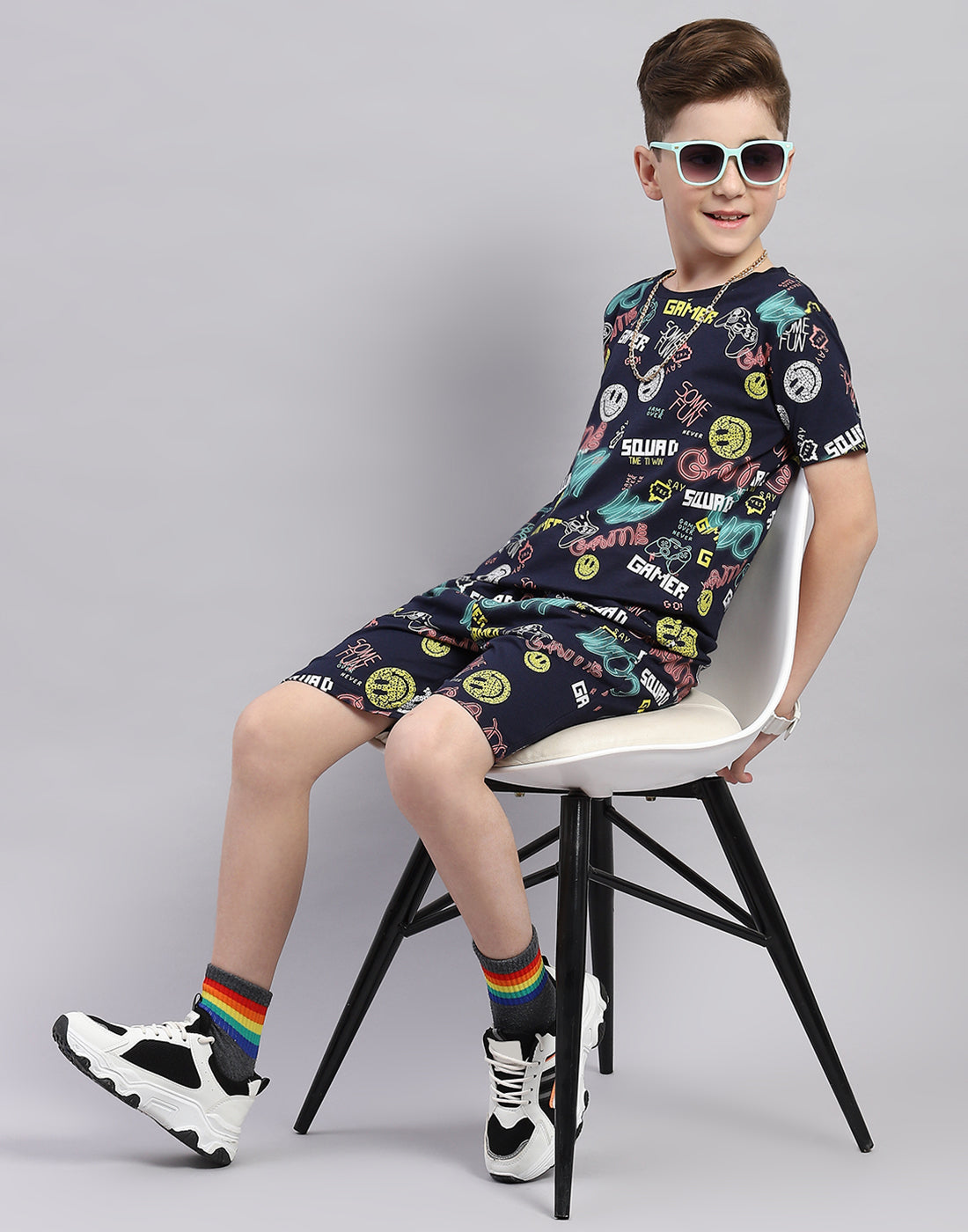 Boys Navy Blue Printed Round Neck Half Sleeve Bermuda Set