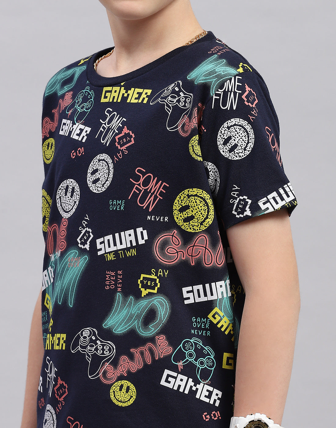 Boys Navy Blue Printed Round Neck Half Sleeve Bermuda Set