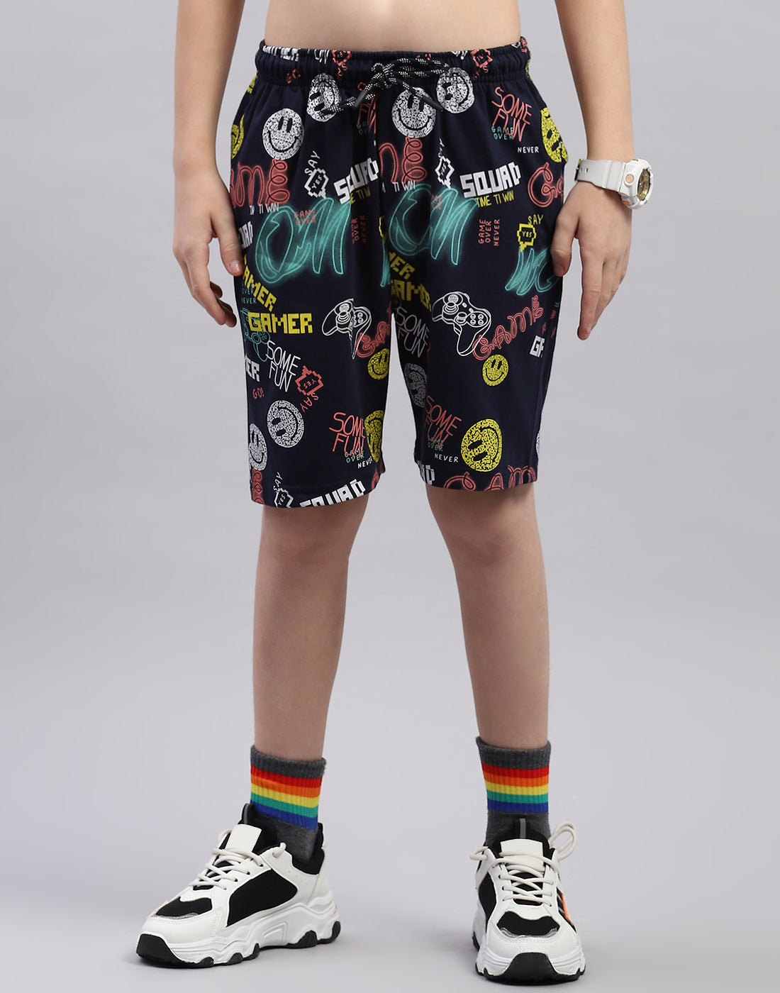 Boys Navy Blue Printed Round Neck Half Sleeve Bermuda Set