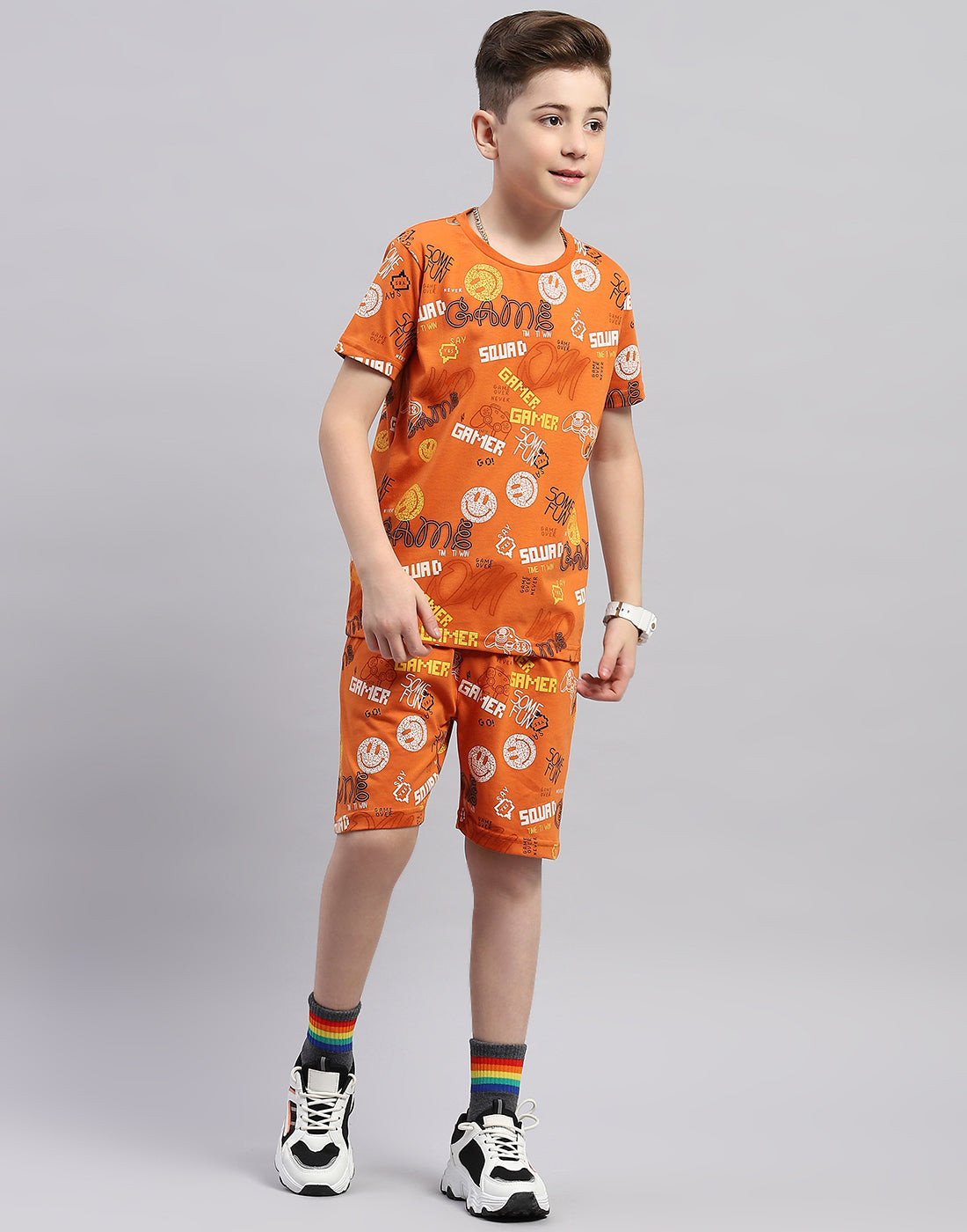 Boys Orange Printed Round Neck Half Sleeve Bermuda Set