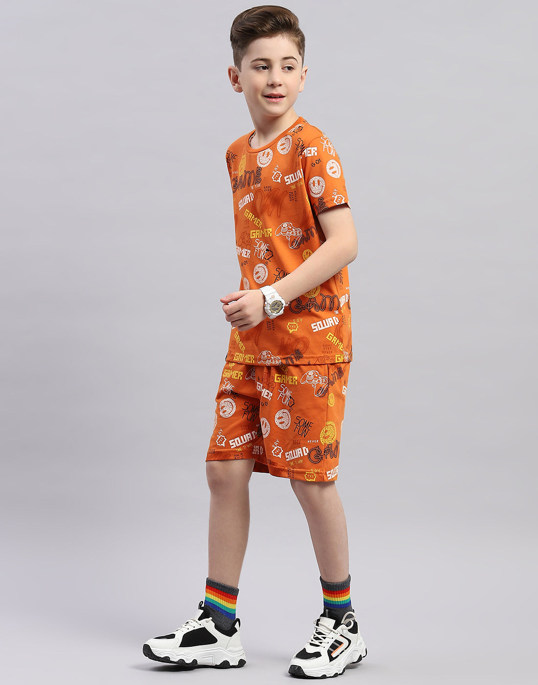 Boys Orange Printed Round Neck Half Sleeve Bermuda Set