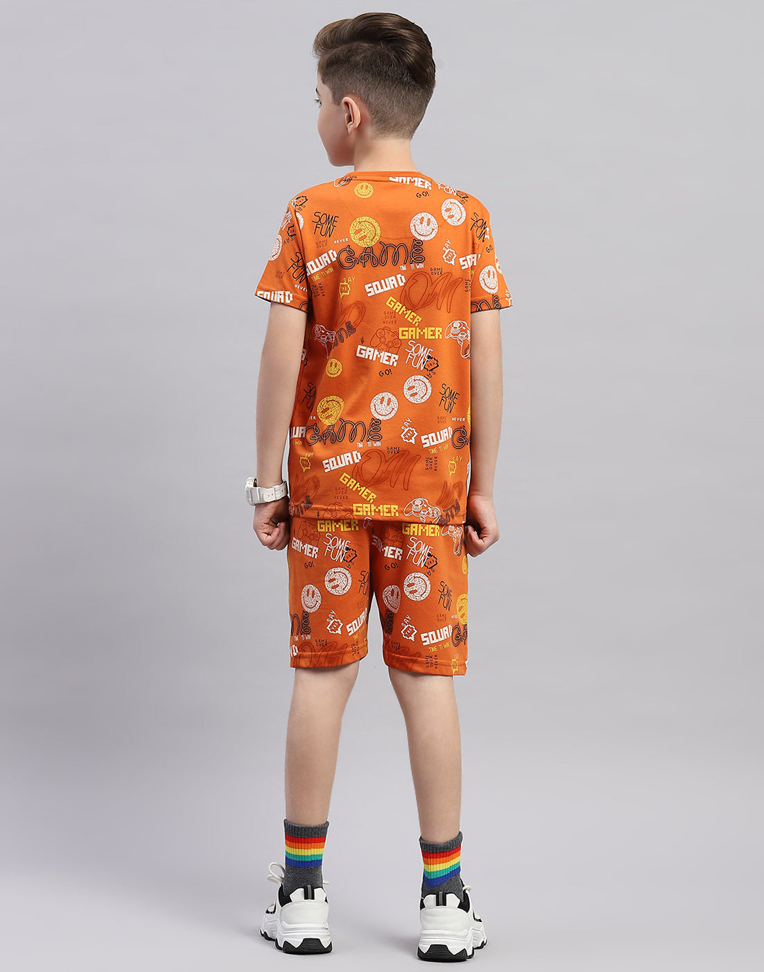 Boys Orange Printed Round Neck Half Sleeve Bermuda Set