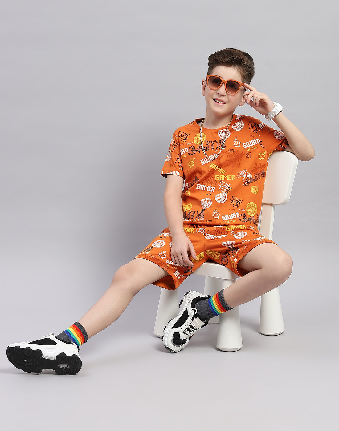 Boys Orange Printed Round Neck Half Sleeve Bermuda Set