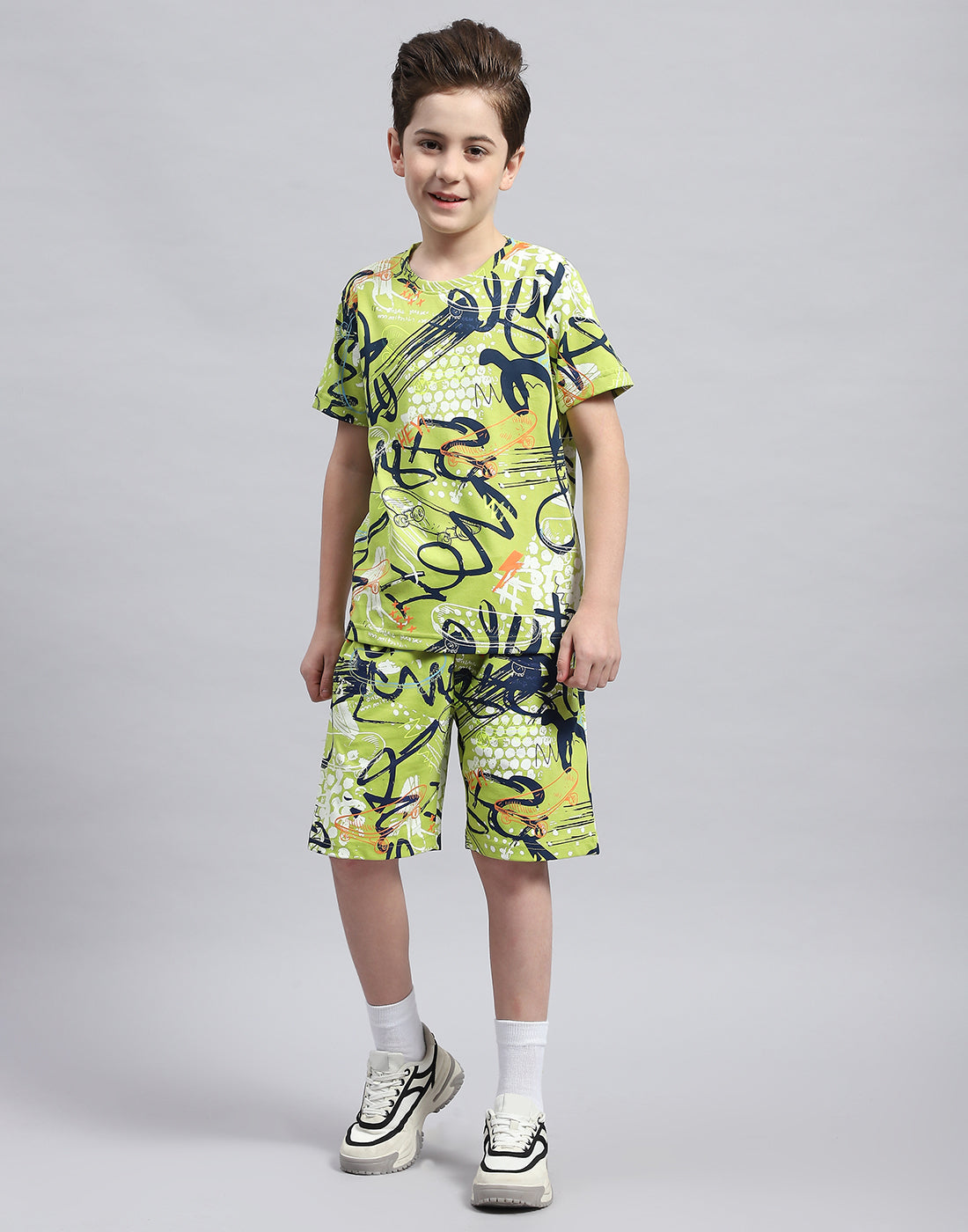 Boys Green Printed Round Neck Half Sleeve Bermuda Set