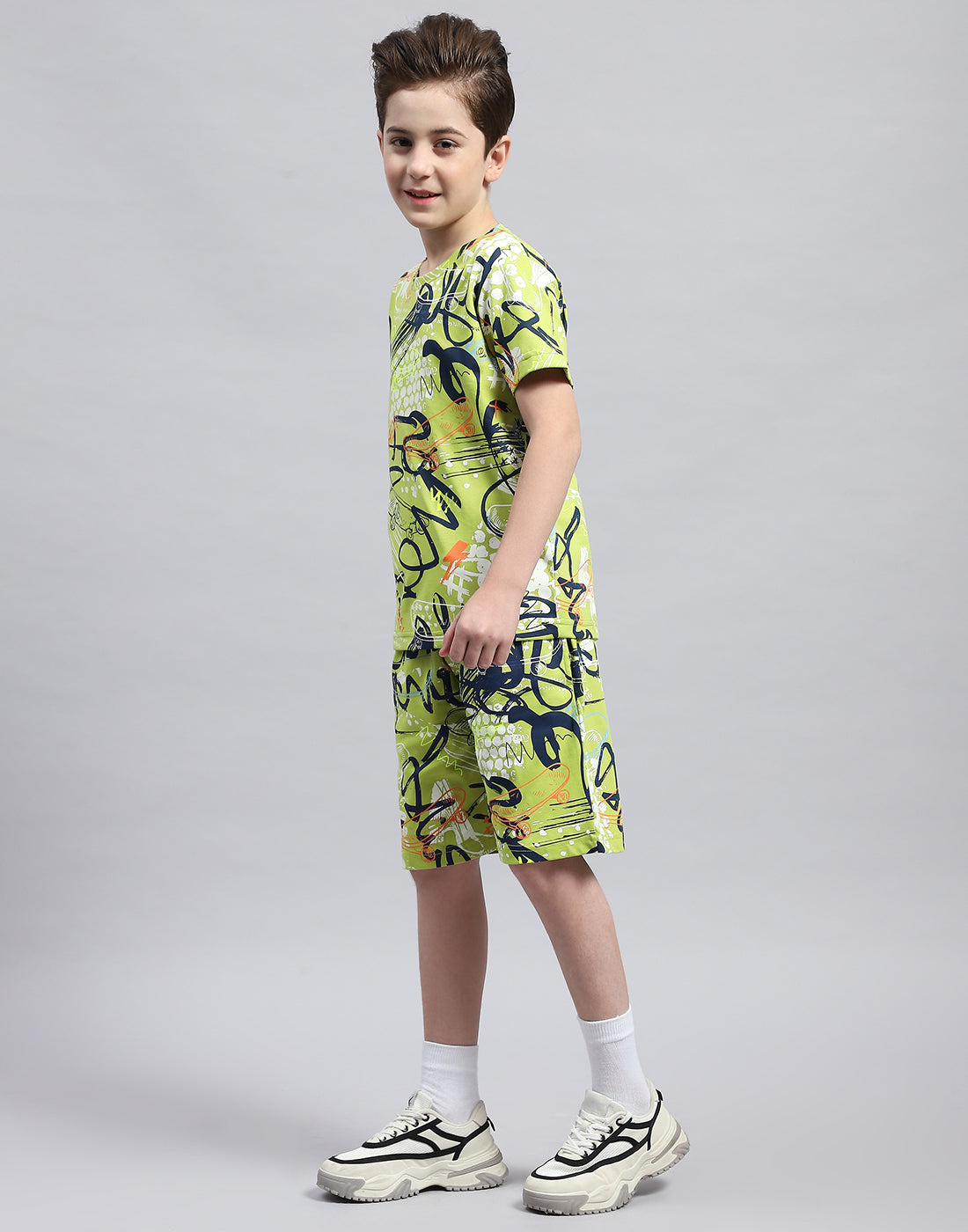 Boys Green Printed Round Neck Half Sleeve Bermuda Set