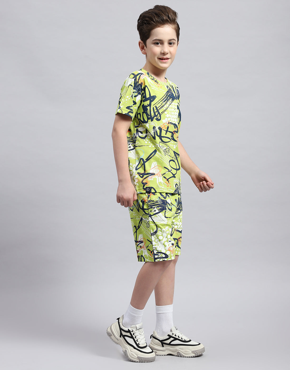 Boys Green Printed Round Neck Half Sleeve Bermuda Set