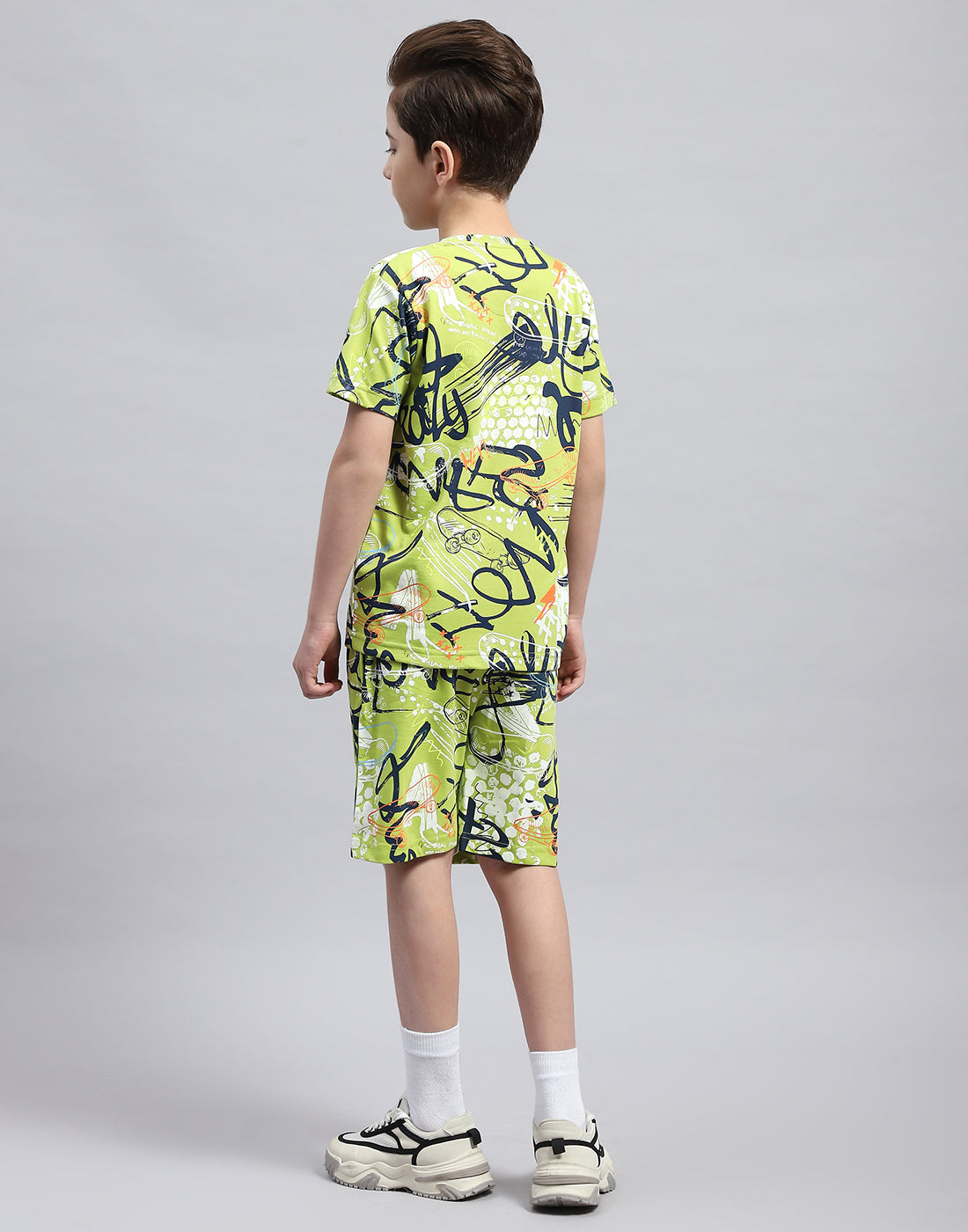 Boys Green Printed Round Neck Half Sleeve Bermuda Set