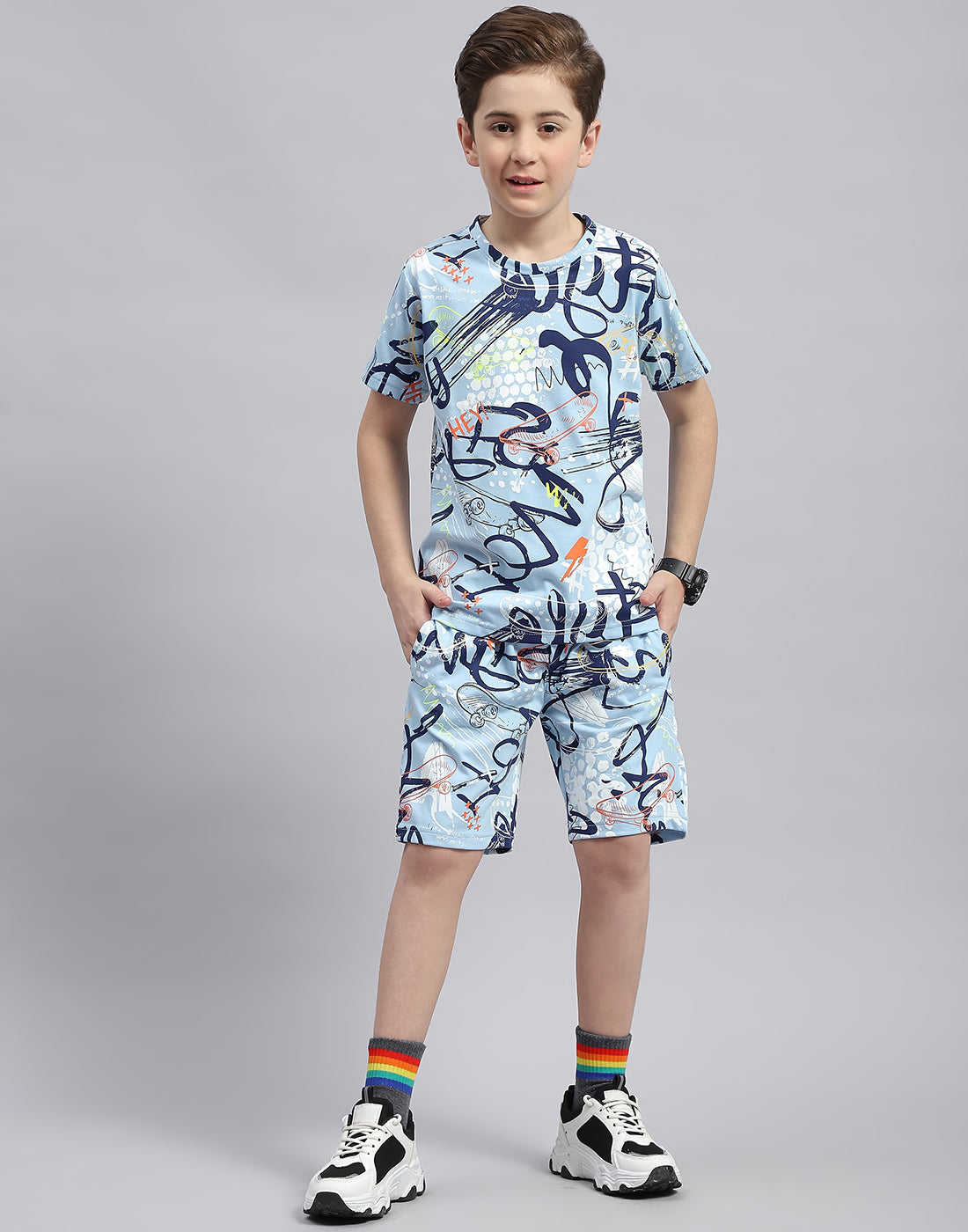 Boys Sky Blue Printed Round Neck Half Sleeve Bermuda Set