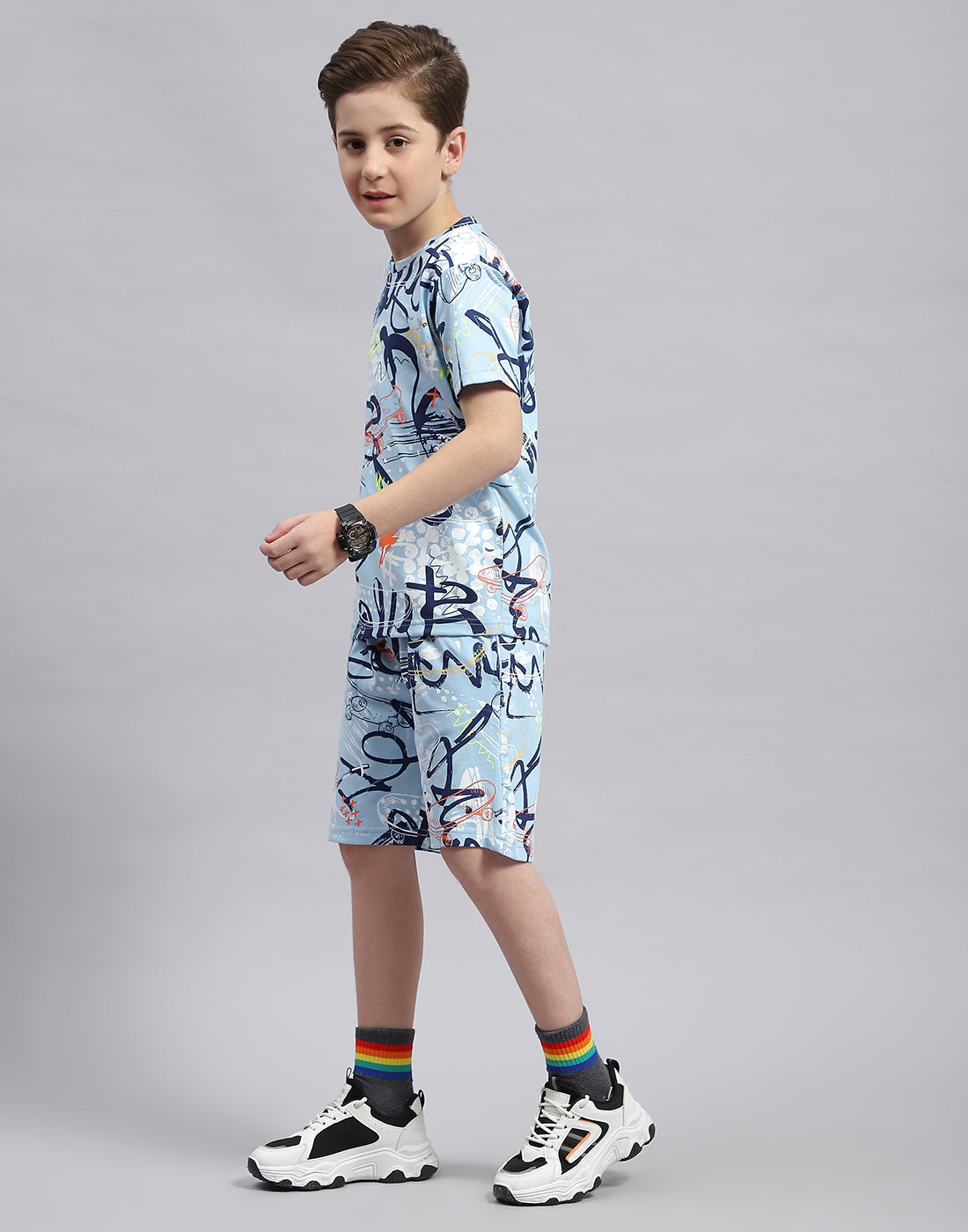 Boys Sky Blue Printed Round Neck Half Sleeve Bermuda Set