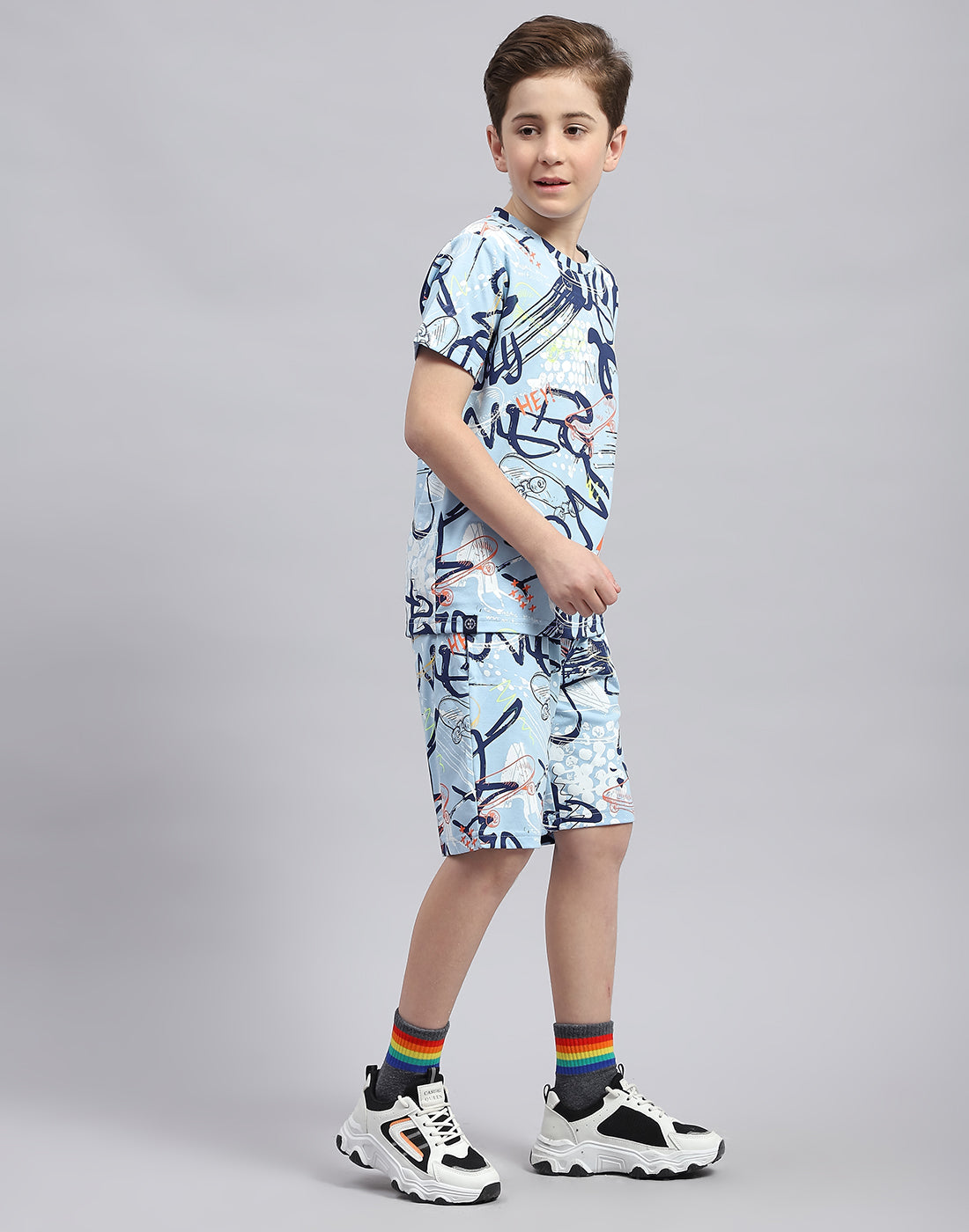 Boys Sky Blue Printed Round Neck Half Sleeve Bermuda Set