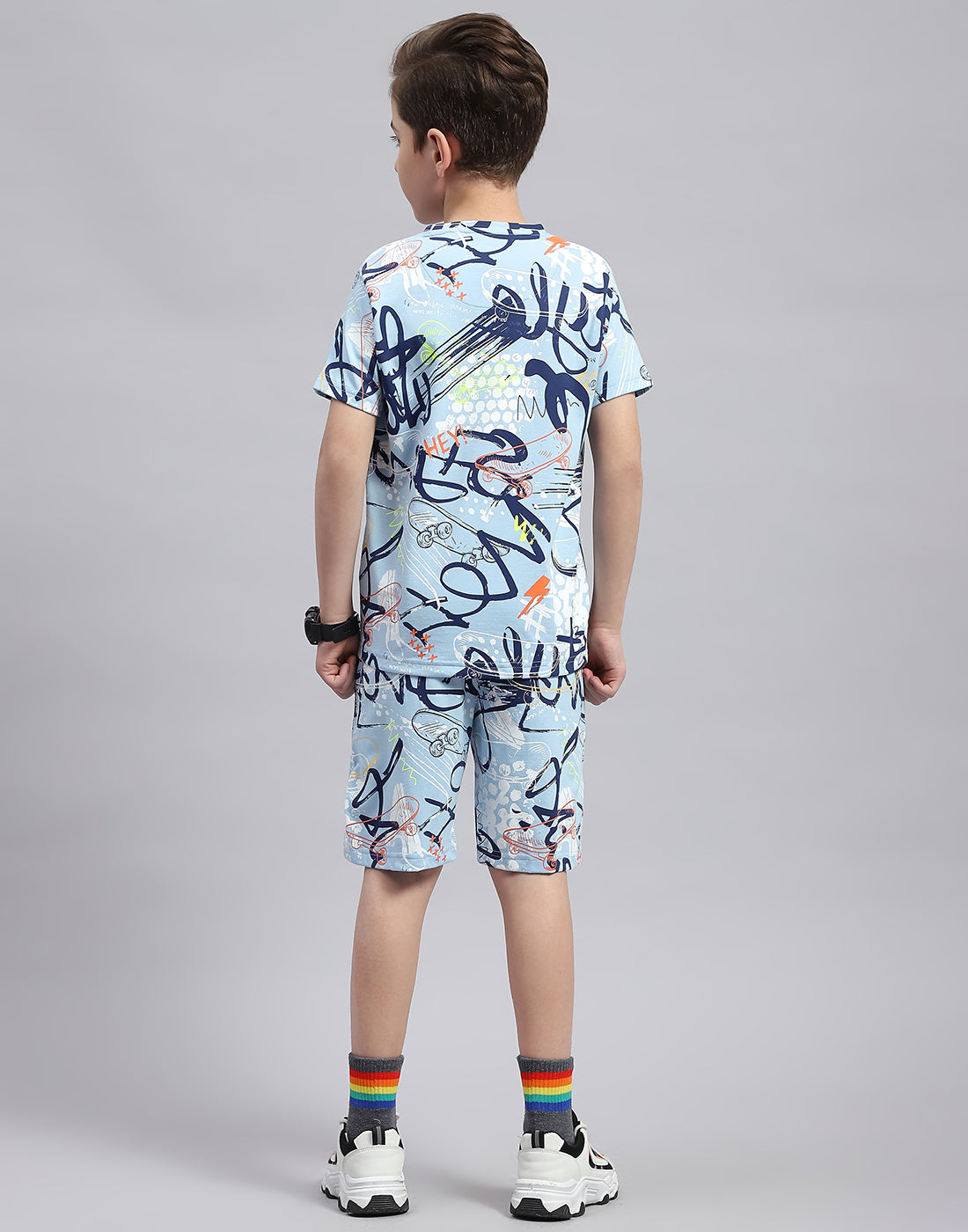 Boys Sky Blue Printed Round Neck Half Sleeve Bermuda Set