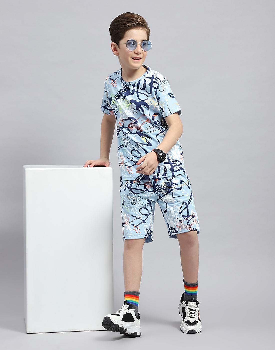 Boys Sky Blue Printed Round Neck Half Sleeve Bermuda Set