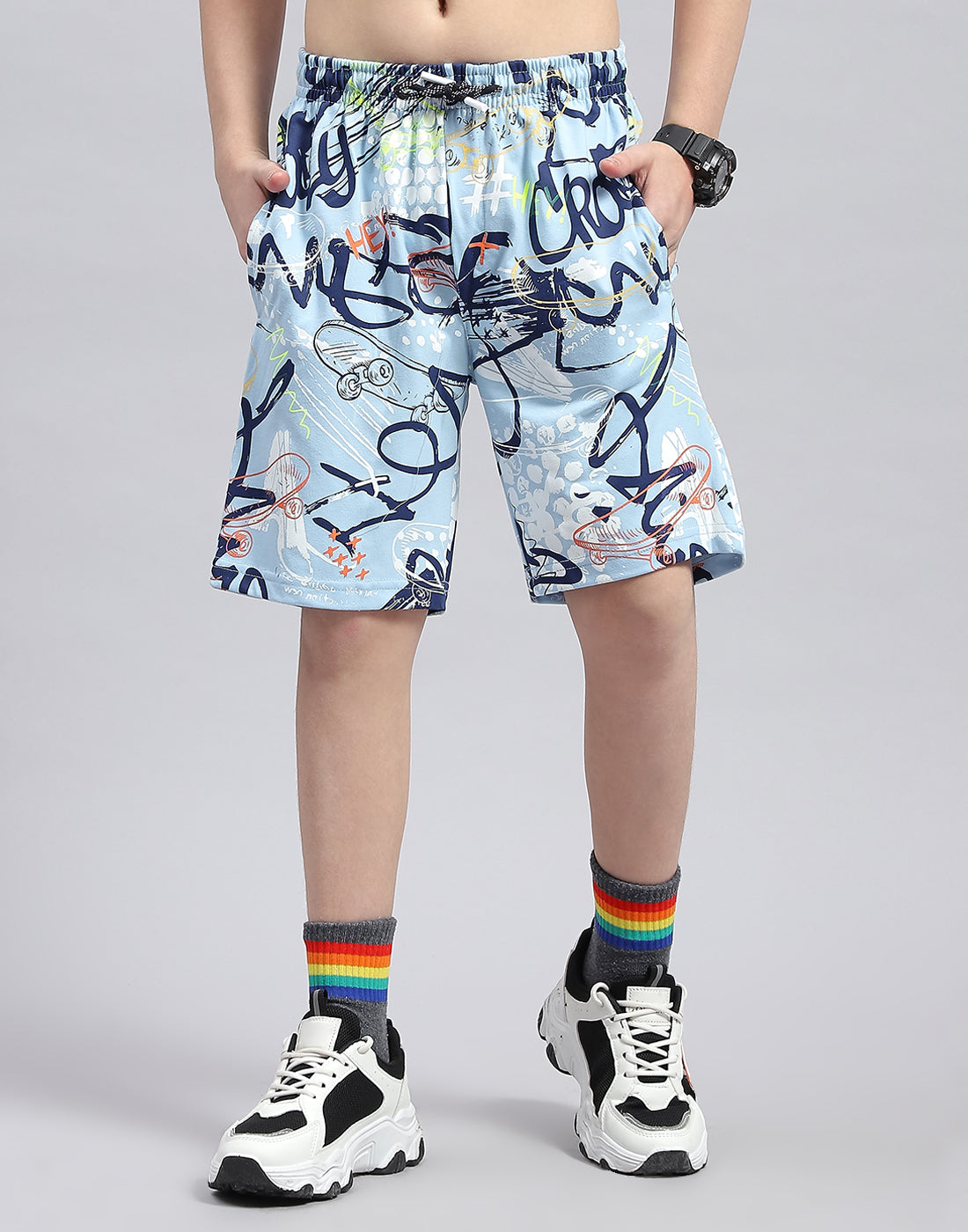 Boys Sky Blue Printed Round Neck Half Sleeve Bermuda Set