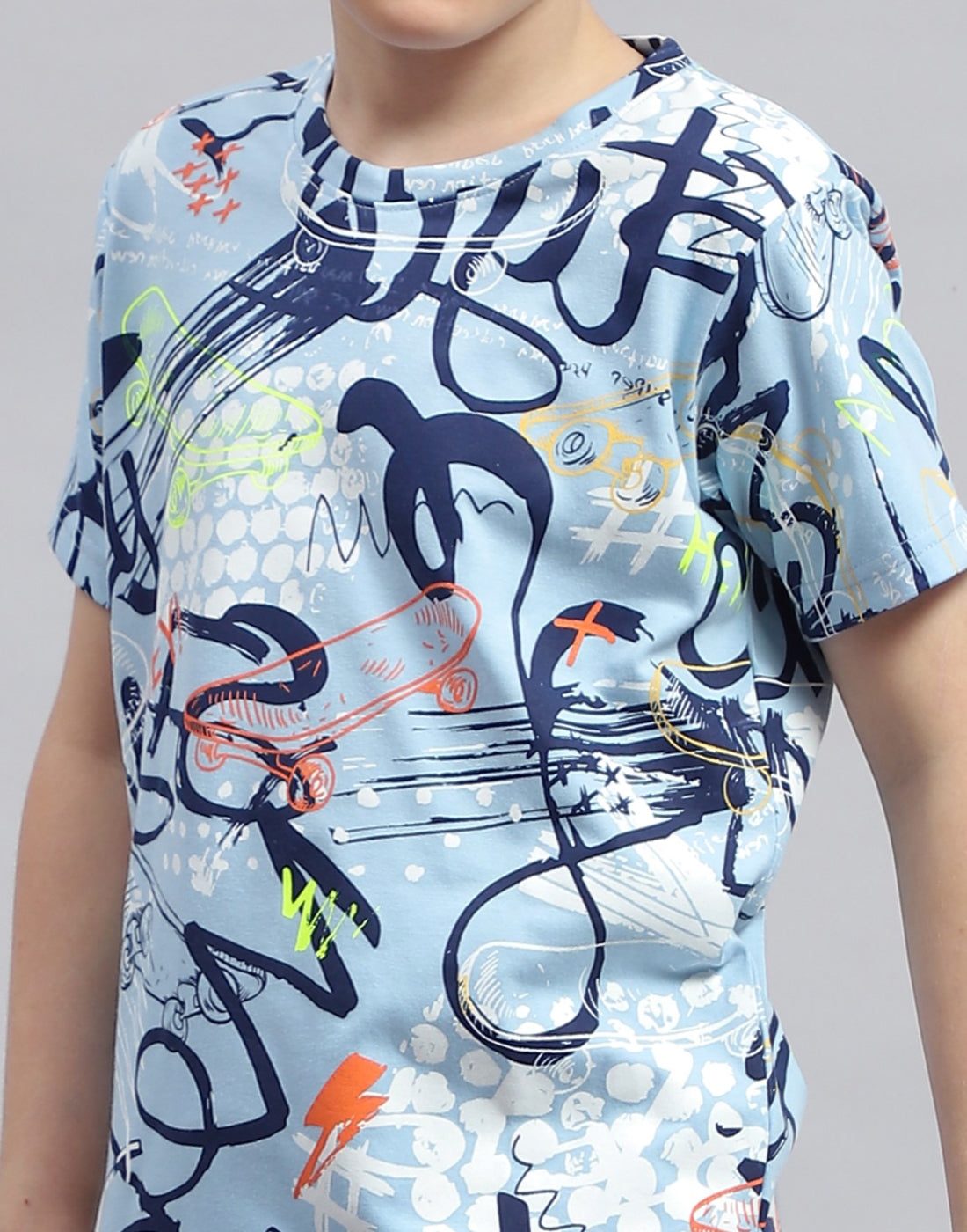 Boys Sky Blue Printed Round Neck Half Sleeve Bermuda Set