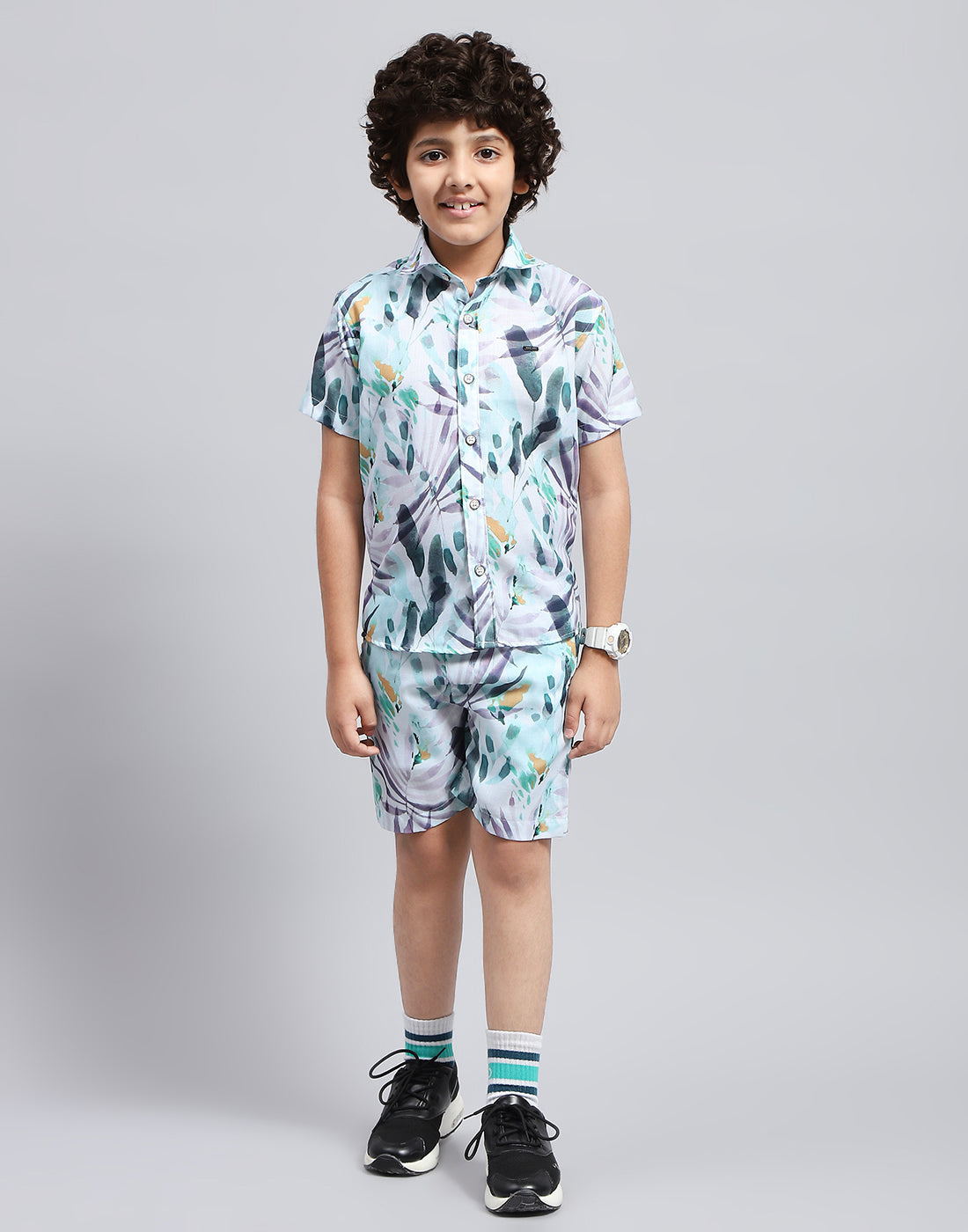 Boys Blue Printed Collar Neck Half Sleeve Bermuda Set