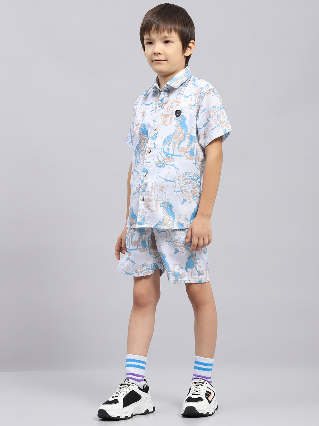 Boys Blue Printed Collar Half Sleeve Bermuda Set