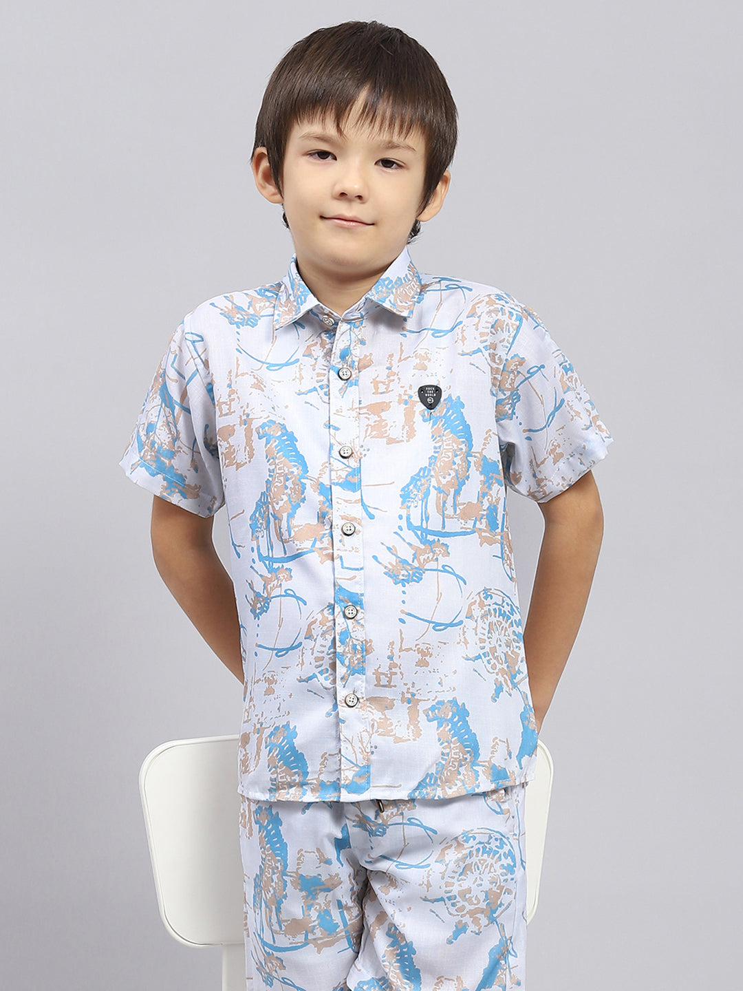 Boys Blue Printed Collar Half Sleeve Bermuda Set