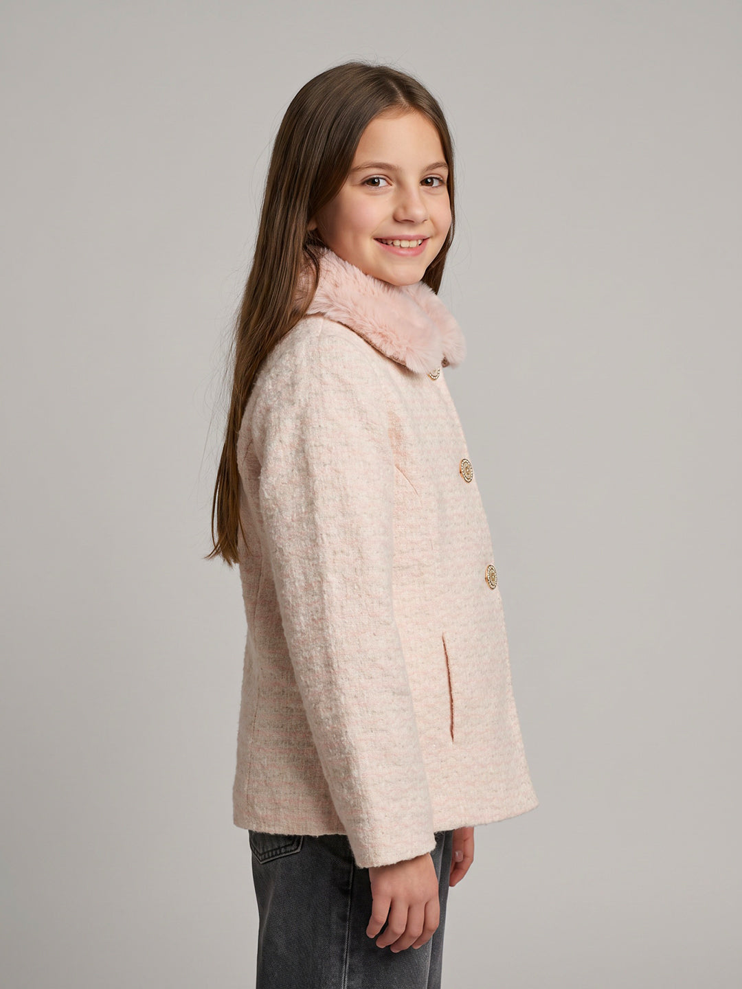 Girls Peach Jacquard Faux Fur Collar Full Sleeve Coat
