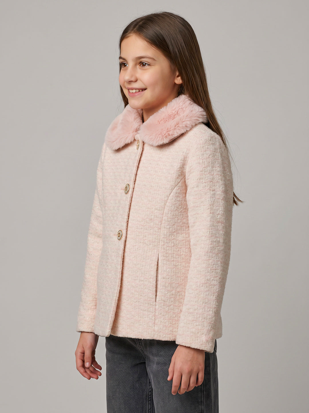 Girls Peach Jacquard Faux Fur Collar Full Sleeve Coat