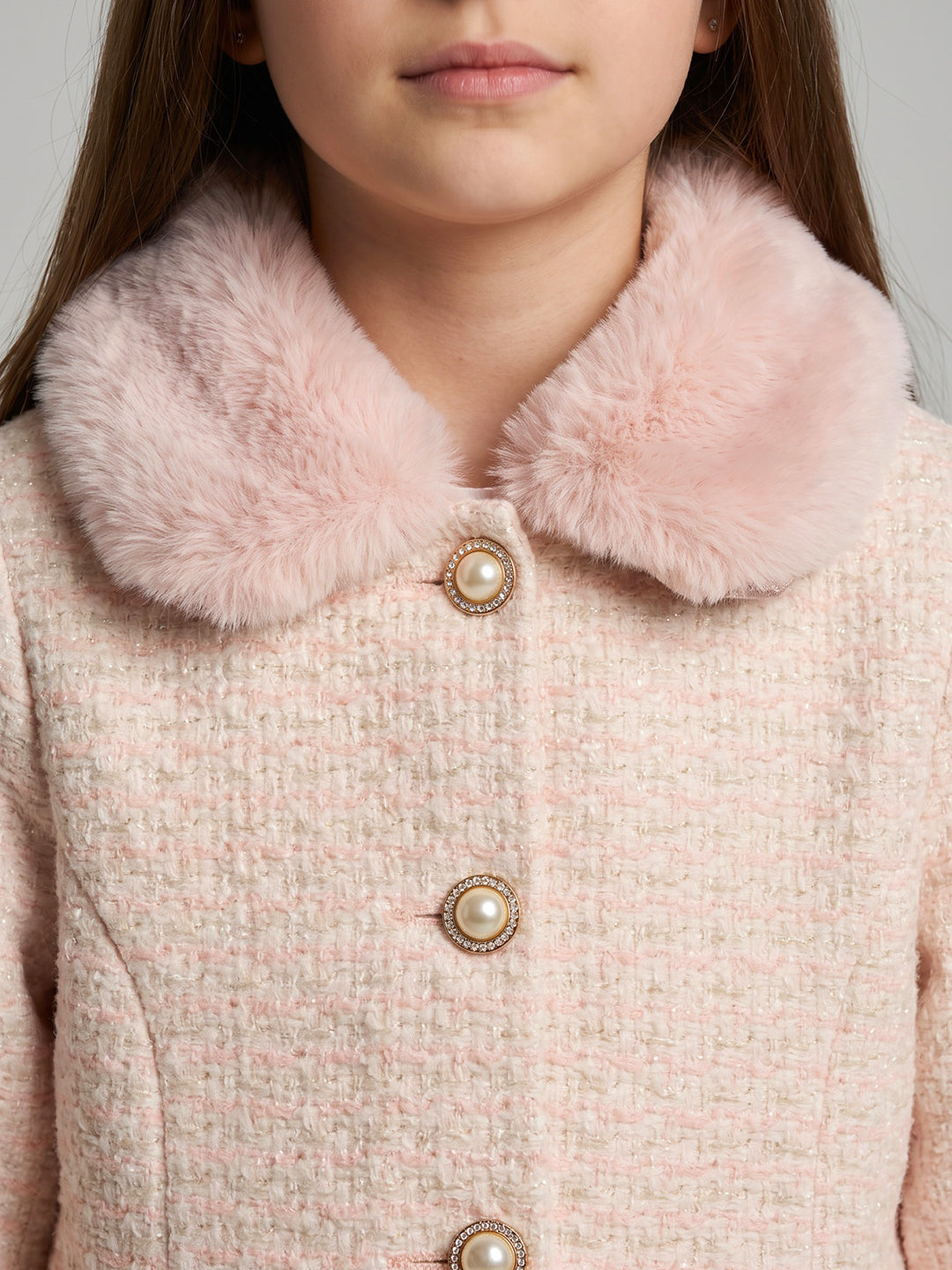 Girls Peach Jacquard Faux Fur Collar Full Sleeve Coat