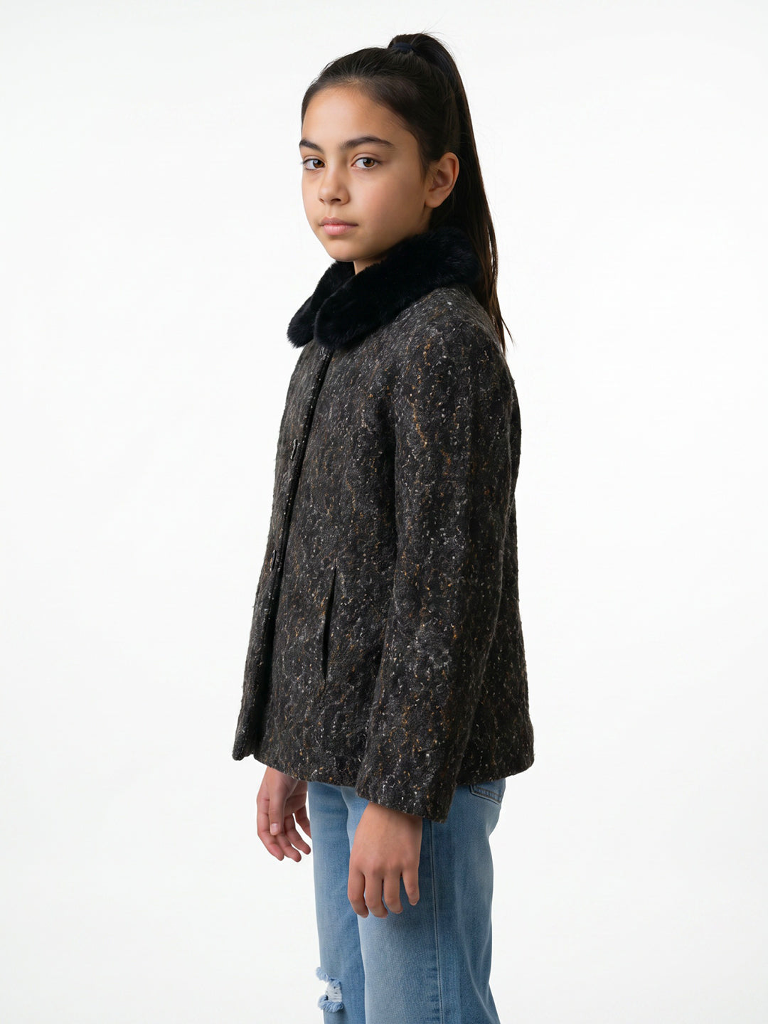 Girls Black Embroidered Collar Full Sleeve Coat