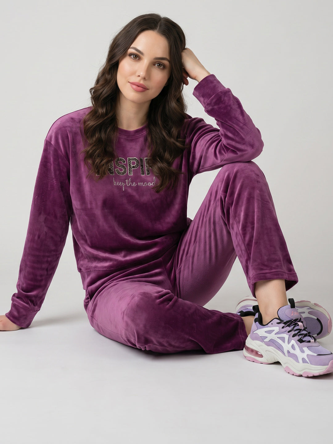 Girls Mauve Printed Round Neck Full Sleeve Cords Set