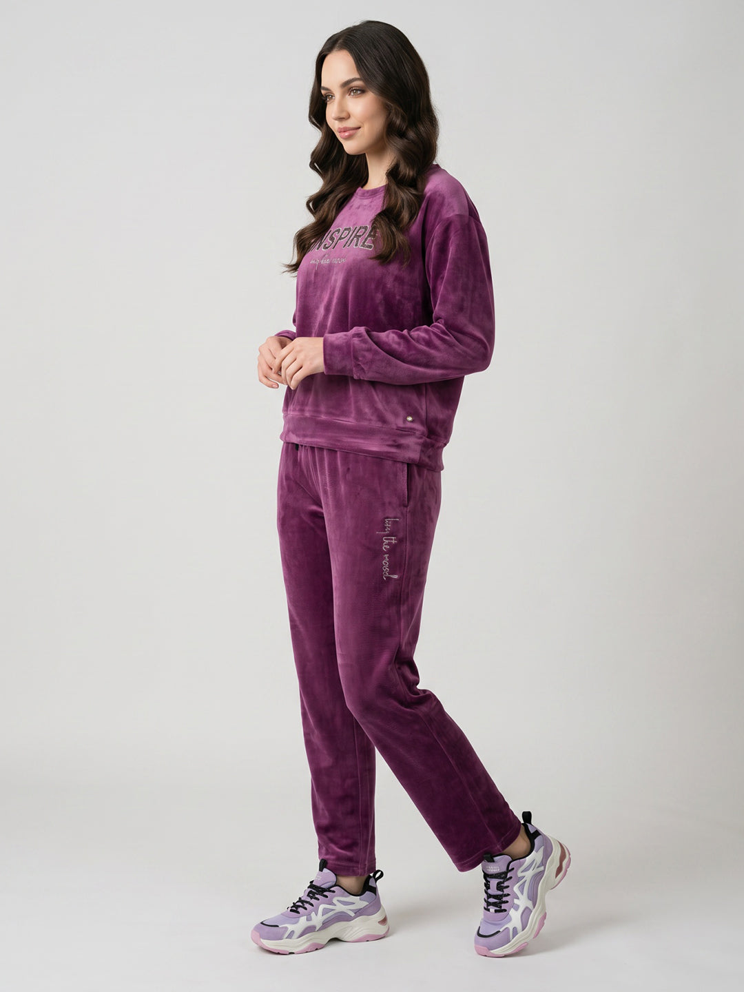 Girls Mauve Printed Round Neck Full Sleeve Cords Set