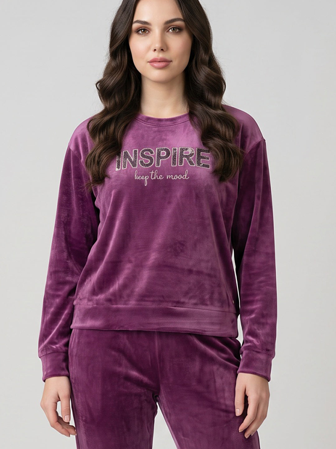 Girls Mauve Printed Round Neck Full Sleeve Cords Set