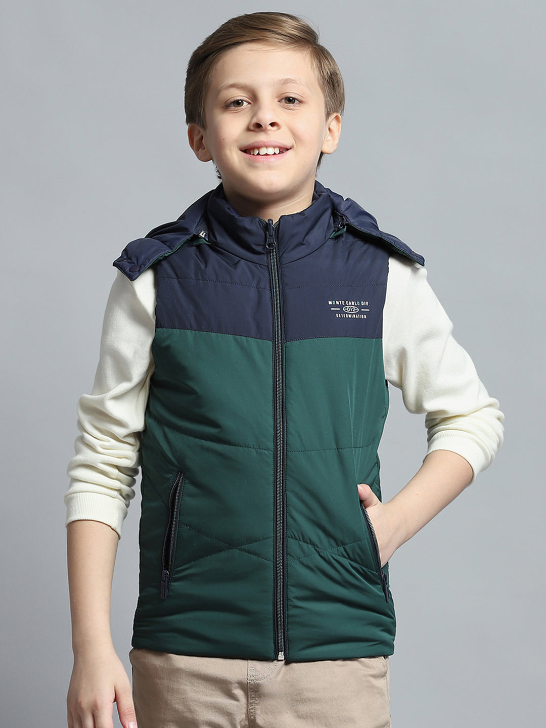 Boys Green Printed Detachable Hood Sleeveless Reversible Jacket