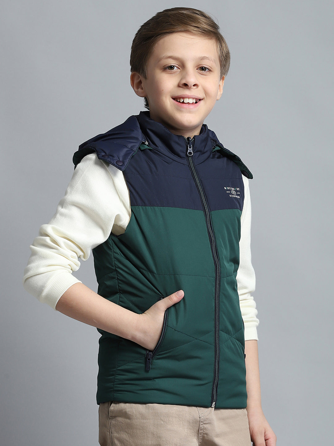 Boys Green Printed Detachable Hood Sleeveless Reversible Jacket