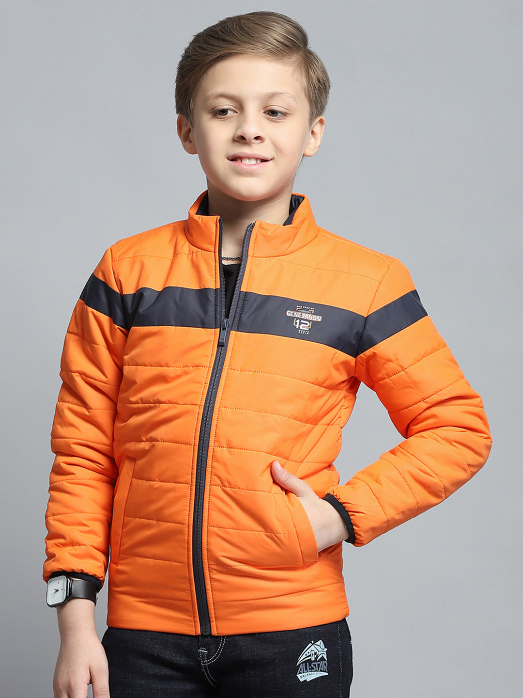 Boys Orange Printed Mock Neck Full Sleeve Jacket