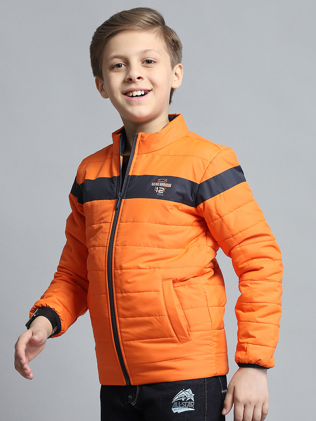 Boys Orange Printed Mock Neck Full Sleeve Jacket