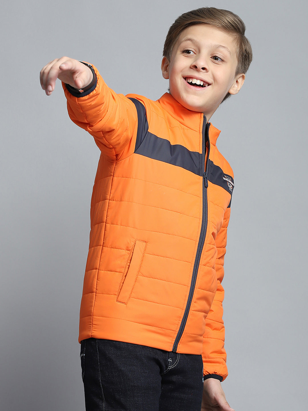 Boys Orange Printed Mock Neck Full Sleeve Jacket