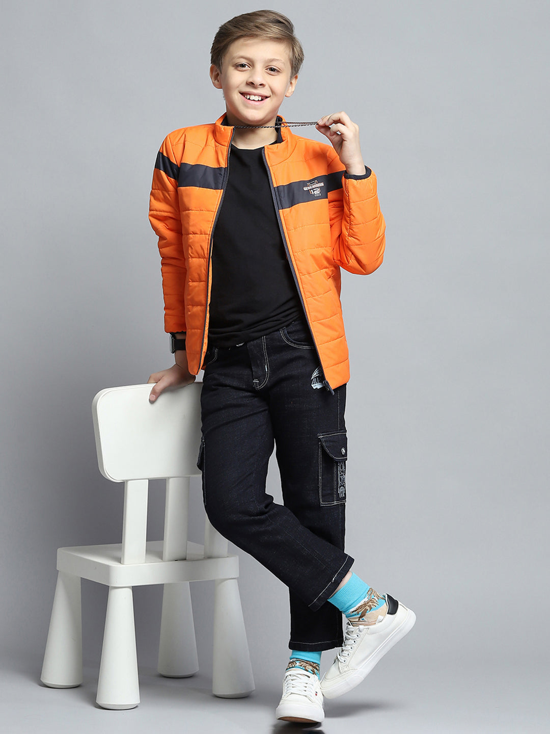 Boys Orange Printed Mock Neck Full Sleeve Jacket