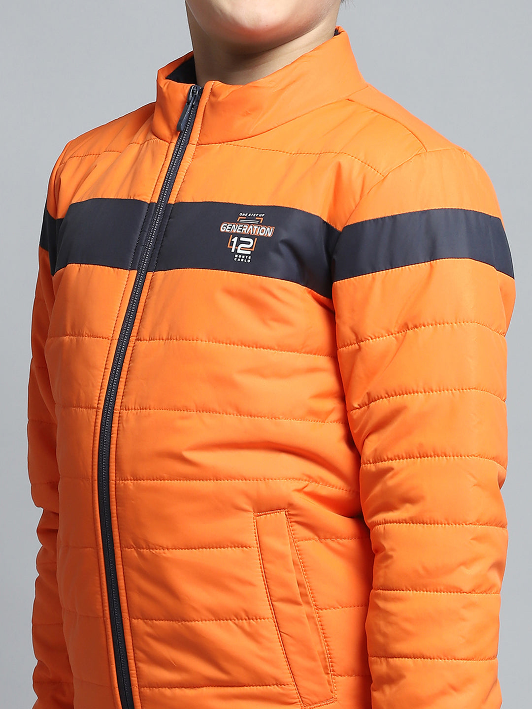 Boys Orange Printed Mock Neck Full Sleeve Jacket