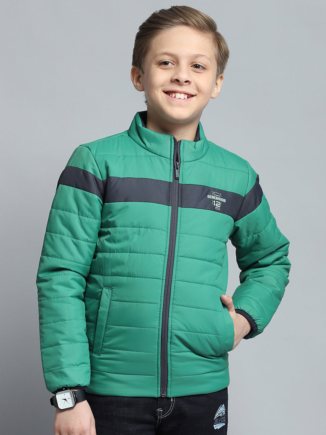 Boys Green Printed Mock Neck Full Sleeve Jacket