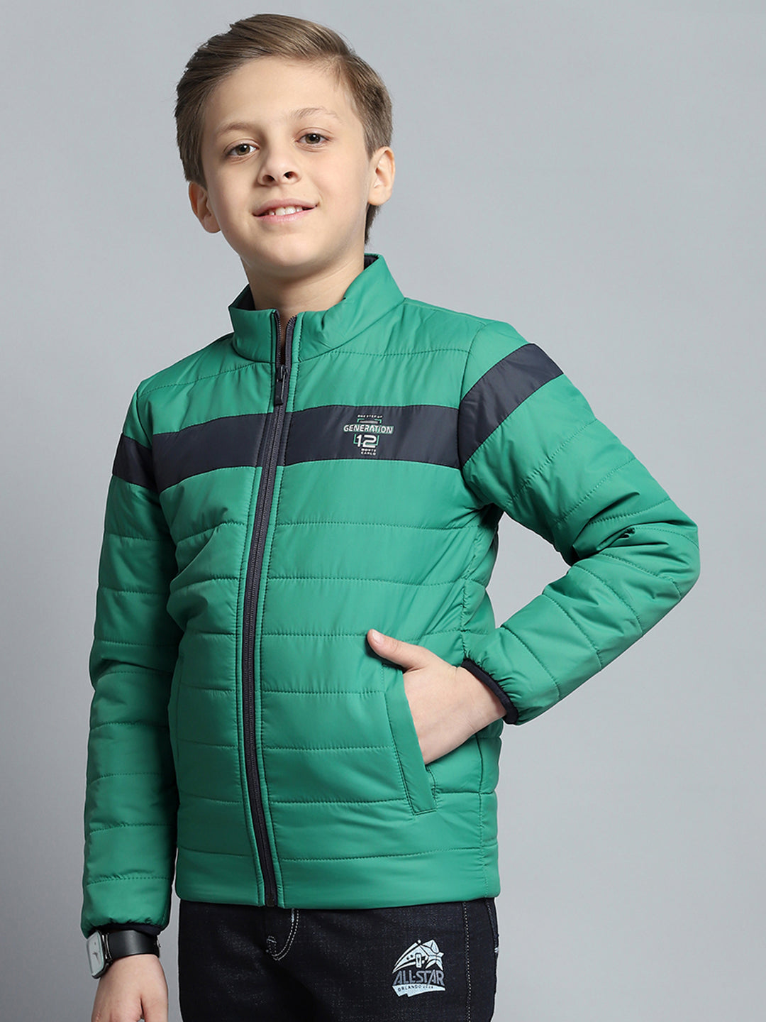 Boys Green Printed Mock Neck Full Sleeve Jacket