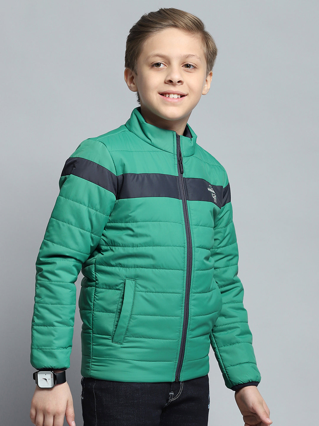 Boys Green Printed Mock Neck Full Sleeve Jacket