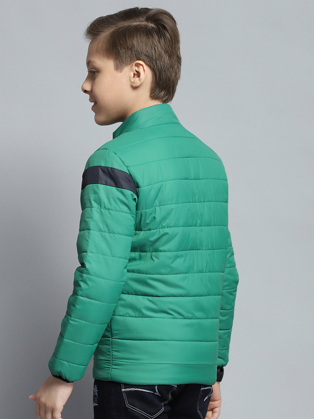 Boys Green Printed Mock Neck Full Sleeve Jacket
